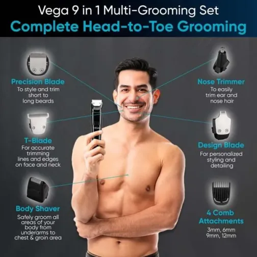 VEGA Men 9-in-1 Multi-Grooming Set with Beard/Hair Trimmer, Nose Trimmer & Body Groomer And Shaver, (VHTH-21) - Image 5