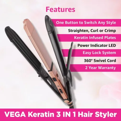 VEGA 3-in-1 Keratin Hair Styler (VHSCC-03) - Rose Gold - Image 2