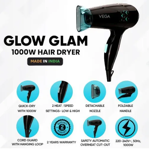 VEGA Glow Glam 1000W Hair Dryer- VHDH-26 - Image 2